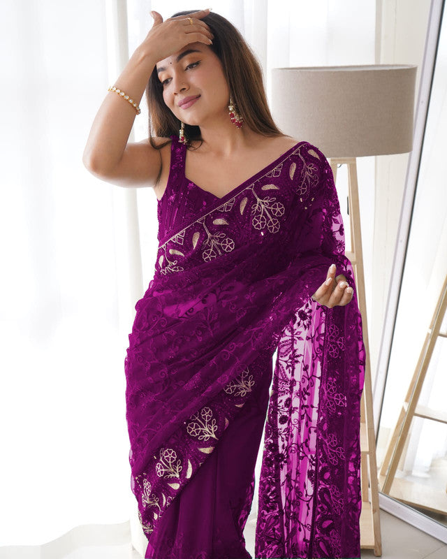 Designer Lavender Embroidery Work Rich Look Saree – Organza Mall