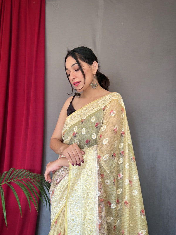 Yellow Coloured Pure Cotton Linen Saree with Orignal Chikankari Lucknowi work with rich Embrodieeded pallu  with Blouse!!