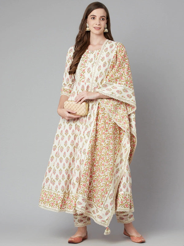 Cream-coloured Anarkali shape printed Kurta with Trousers and dupatta!!