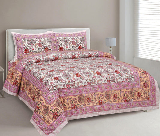 Pink & Multi Coloured Pure Cotton Beautiful Hand Printed Queen size Double Bed sheet with 2 Pillow covers!!