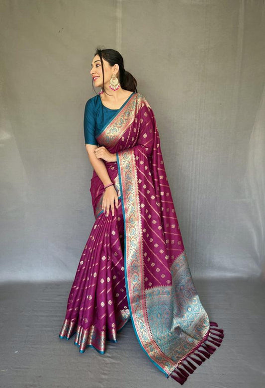 Wine & Multi Coloured Gold Zari Weaving with Rich Pallu & Meenakari Border Women Party wear Pure Silk Saree with Blouse!!