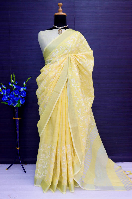 Yellow Coloured Luknawi Chiken Work Handloom Linen Cotton with Fancy Tassels Women Designer Party wear Saree with Blouse!!