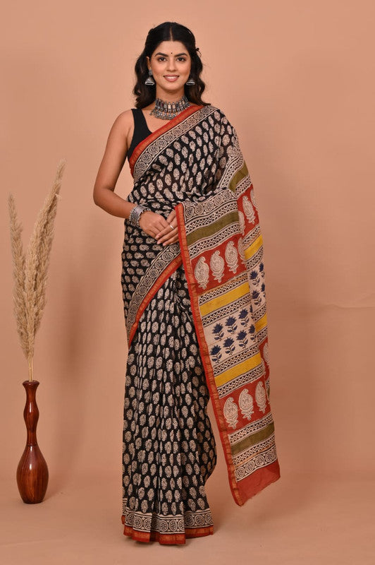 Black & Multi Coloured Hand Block Printed Women Designer Party wear Chanderi Cotton Silk Saree with Runnin Blouse!!