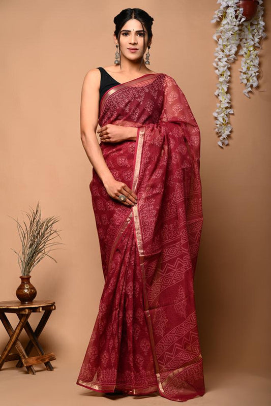 Maroon & Multi Coloured Kota Doriya Cotton Beautiful Hand Block printed Women Daily/Party wear Saree with Blouse!!