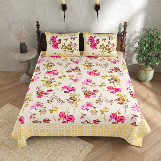 Yellow & Pink Coloured Cotton Hand Print Queen size Double Bed sheet with Pillow covers!!