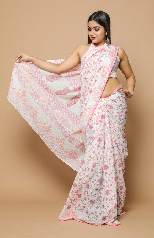 HAND BLOCK  PRINTED COTTON SAREE WITH BLOUSE!!