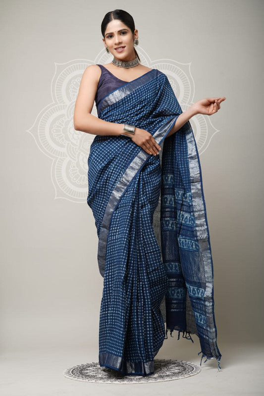 Blue & Multi Coloured Linen Cotton Beautiful Hand Block printed Women Daily/Party wear Saree with Blouse!!