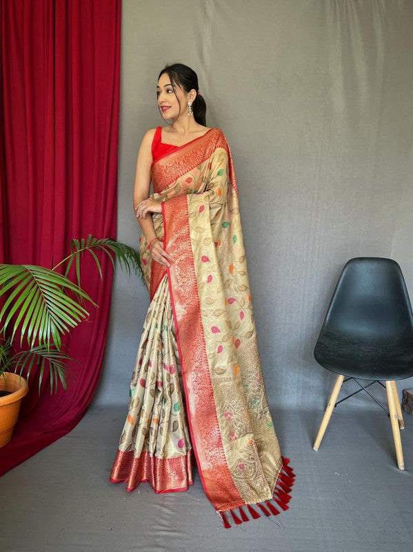 Beige & Multi Coloured Beautiful Meena Work with Elegant Jaal Women Party wear Pure Tissue Silk Saree with Blouse!!