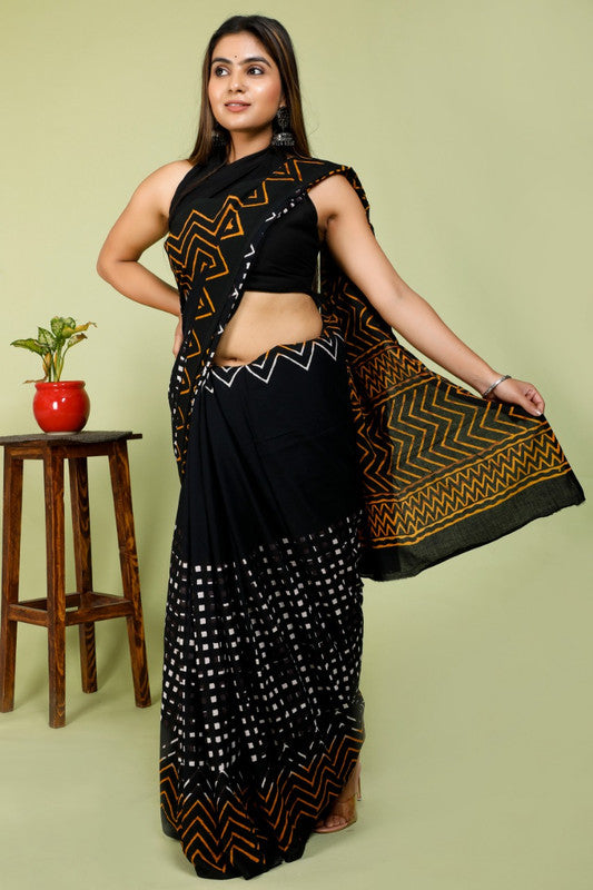 BEAUTIFUL BLACK HAND PRINTED MUL COTTON SAREE!!