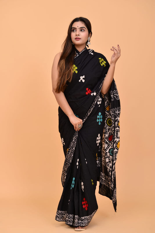 Black & Multi Coloured Pure Cotton with Beautiful Hand Block Printed Women Party/Daily wear Designer Cotton Saree with Blouse!!