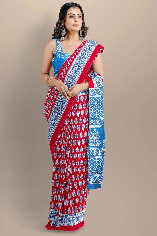 Red & Multi Coloured Premium Mul Mul Cotton Beautiful Hand Block printed Women Daily/Party wear Saree with Blouse!!