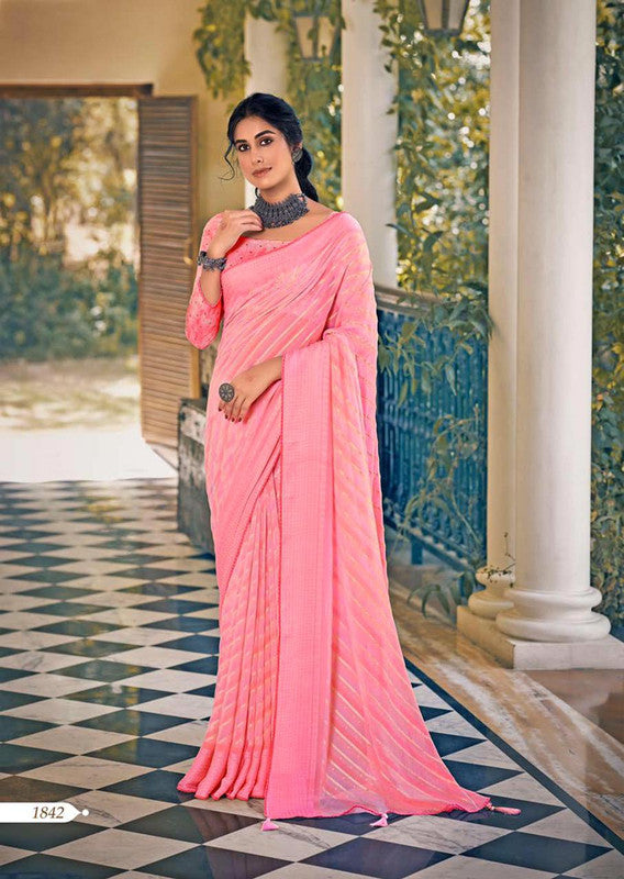 Pink Georgette Saree With Resham, Beads Work And Floral Bail Scalloped  Border | Exotic India Art