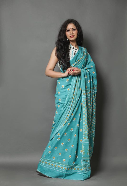 Sky Blue Hand Printed Mul Cotton Sarees with Blouse!!