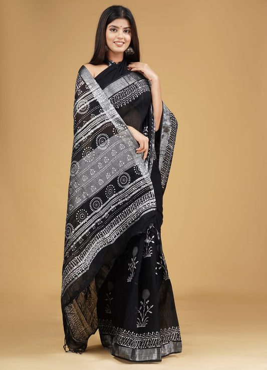 Black Coloured Linen Hand Block Print Saree with Linen Blouse!!