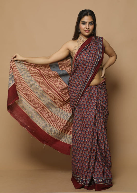 Maroon Coloured Exclusive Hand Printed Mul Cotton Saree with Blouse!!