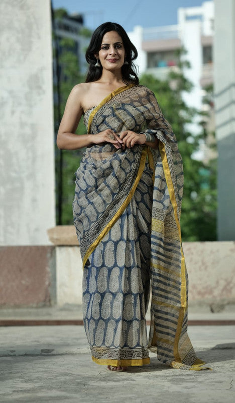 Blue & Multi Coloured Kota Doriya Cotton Beautiful Hand Block printed Women Daily/Party wear Saree with Blouse!!