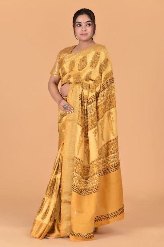 Yellow & Multi Coloured Azarakh Hand Block Printed Silk border Women Designer Party wear Cotton Silk Saree with Zari Blouse!!