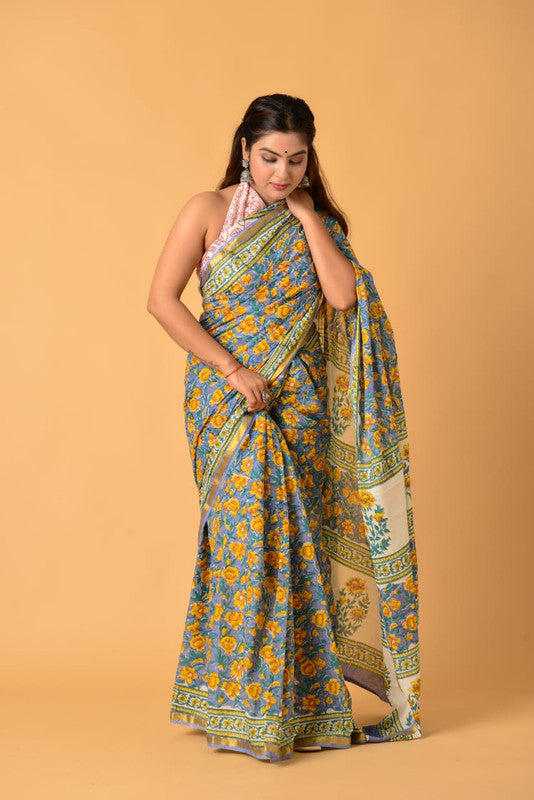 Blue & Multi Coloured Pure Cotton with Beautiful Jari Border Printed Women Party/Daily wear Designer Cotton Saree with Blouse!!