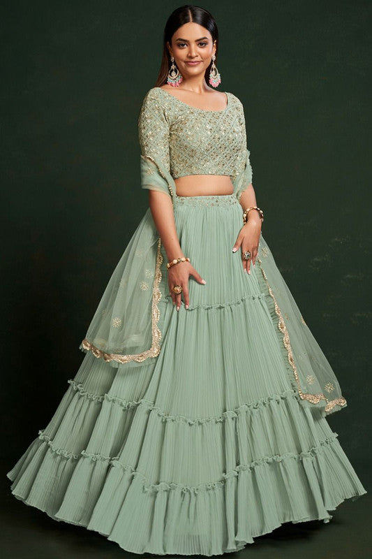 Pista Green Coloured Faux Georgette Thread & Sequence Embroidery Work Woman Designer Party wear Bridal Lehenga Choli with Dupatta Set!!