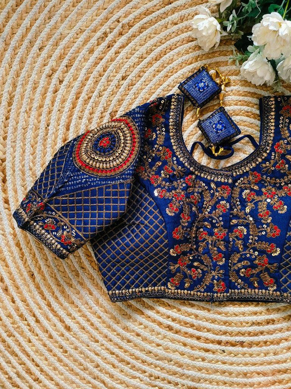 Blue Coloured Premium Heavy Milan Silk Copper Jari Heavy Embroidery work Woman Ready made Designer Bridal Blouse- Free Size Up to 46 Inch!!