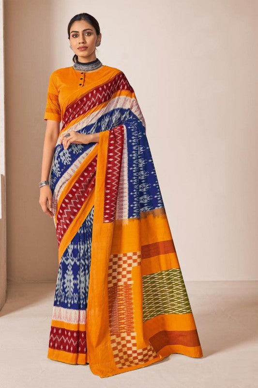 Mustard Yellow & Multi Coloured Soft Chanderi Cotton with Bagru Print Women Party wear Saree with Beautiful matching Blouse!!