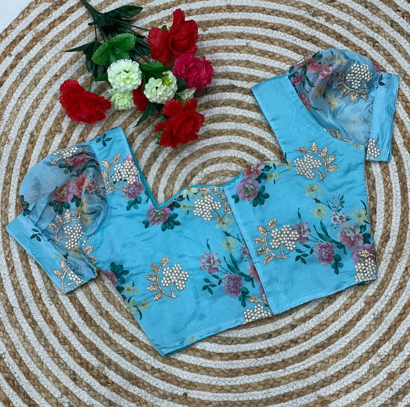 Sky Blue Coloured Organza print with Heavy Embroidery Woman Ready made Designer Blouse!!