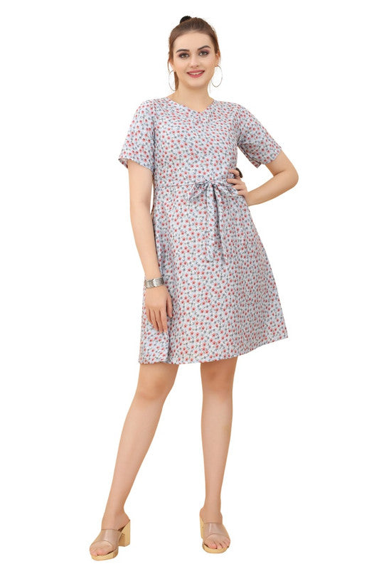 Grey & Multi Coloured Premium Crepe Printed Short Sleeves Round Neck Women Daily wear Western Dress!!