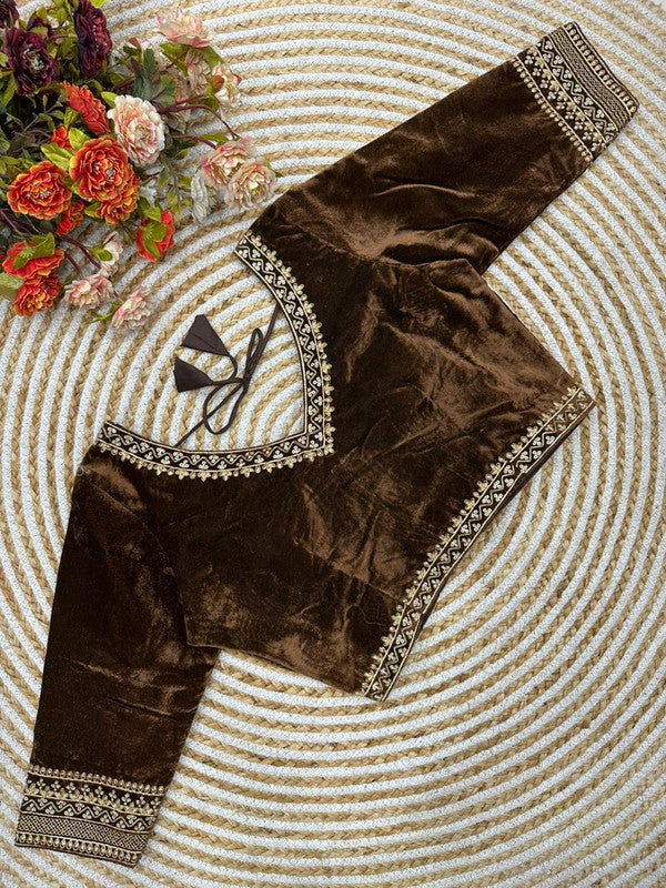 Brown Coloured Premium Pure Velvet Heavy Embroidery & Handwork Woman Ready made Designer Bridal Blouse- Free Size Up to 38 Inch!!