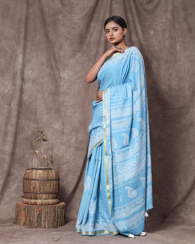 Sky Blue Coloured Cotton Jari Border Saree with Blouse!!