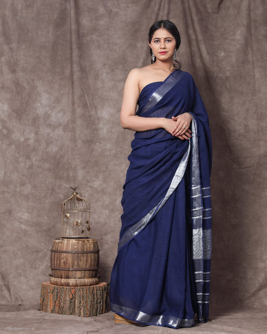 Navy Blue Coloured Linen Cotton with Beautiful Jari Border Women Party/Daily wear Designer Linen Cotton Saree with Blouse!!