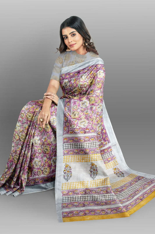 Pink & Multi Coloured Linen Cotton Beautiful Hand Block printed Women Daily/Party wear Saree with Blouse!!