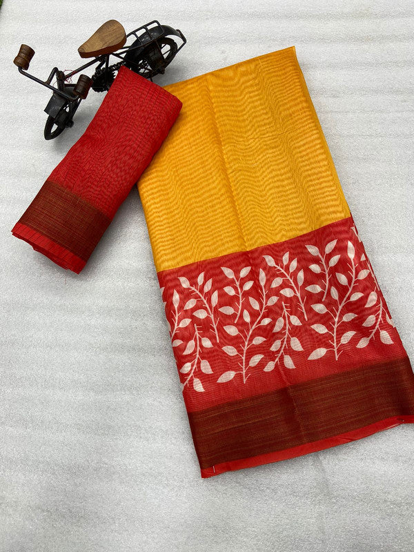 Mustard Yellow & Multi Coloured Tussar Cotton with Digital Print with weaving Chit (lining) Pallu Women Designer Party /Daily wear Saree with Blouse!!