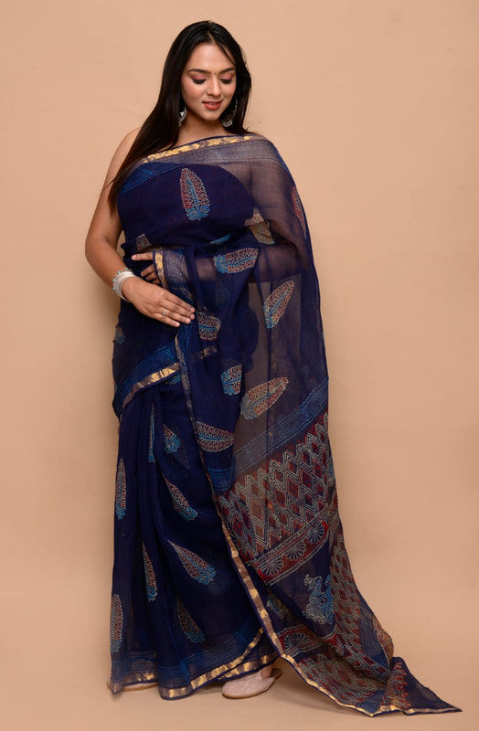 Blue & Multi Coloured Kota Doria Cotton Hand block Print with Jari Border Women Designer Party wear Kota Doria Cotton Saree with Blouse!!