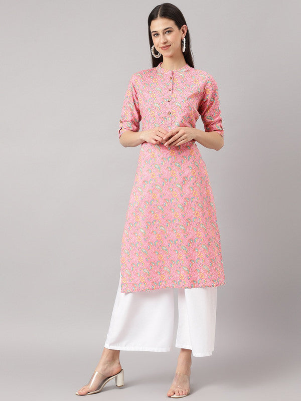 Pink & Multi Coloured Pure Cotton Floral Printed Mandarin Collar Thread Work Straight Shape Short roll-up sleeves Women Designer Party/Daily wear Kurti!!