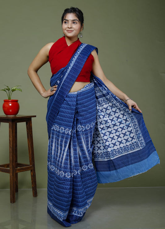 Blue & Maroon Coloured Hand Printed Super dying Quality Mul Cotton Women Daily wear Saree with Blouse!!