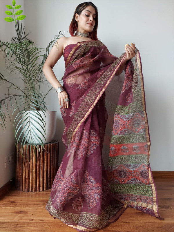 Maroon & Multi Coloured Kota Doriya Cotton Beautiful Hand Block printed Women Daily/Party wear Saree with Blouse!!