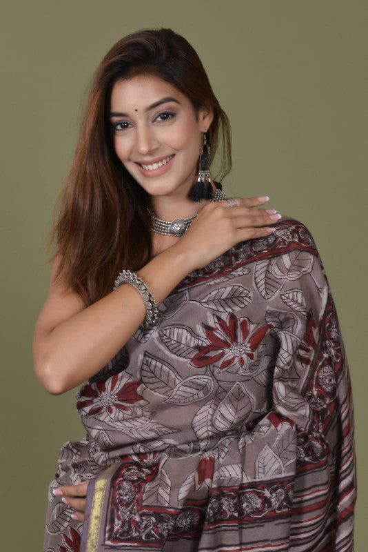 Natural Hand Block Printed Ajrakh Chanderi Cotton Silk Saree!!