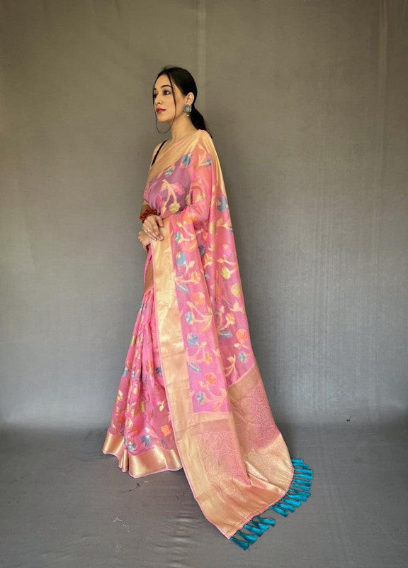 Pink Coloured Pure Organza Tissue Silk with Zari Weaving Meena Work  Women Designer Party wear Silk Saree with Blouse!!