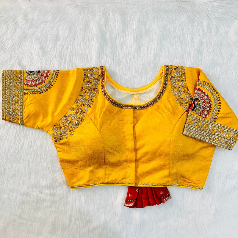 Yellow Milan Silk Heavy Embroidery Raja Rani Bridal work Ready made Designer Wedding Blouse!!