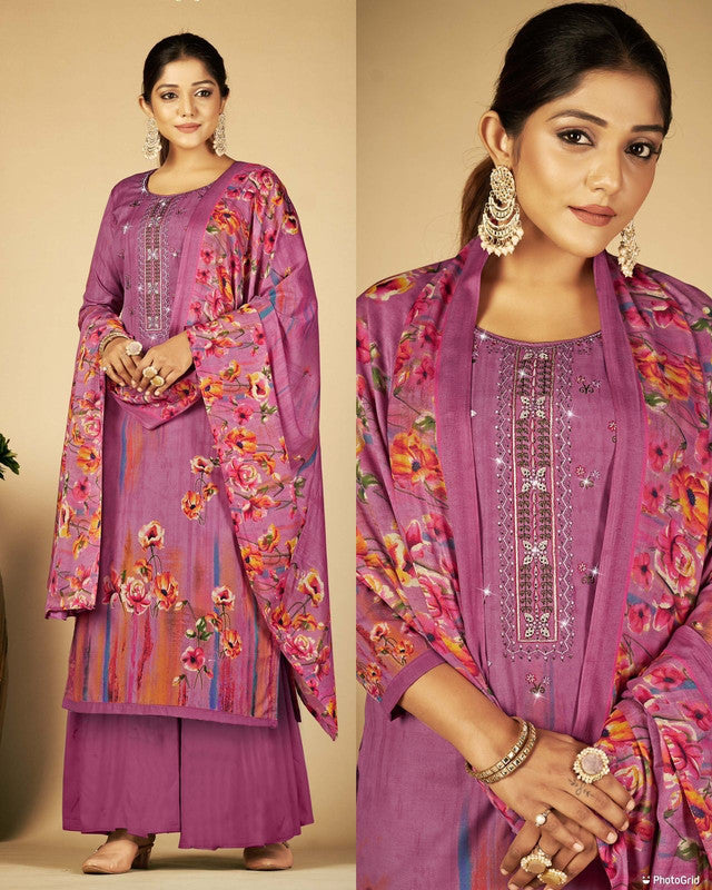 Onion Pink Coloured Premium Soft Cotton Printed Embroidery Work & Swarovski work Top with Plazzo & Dupatta Set!!