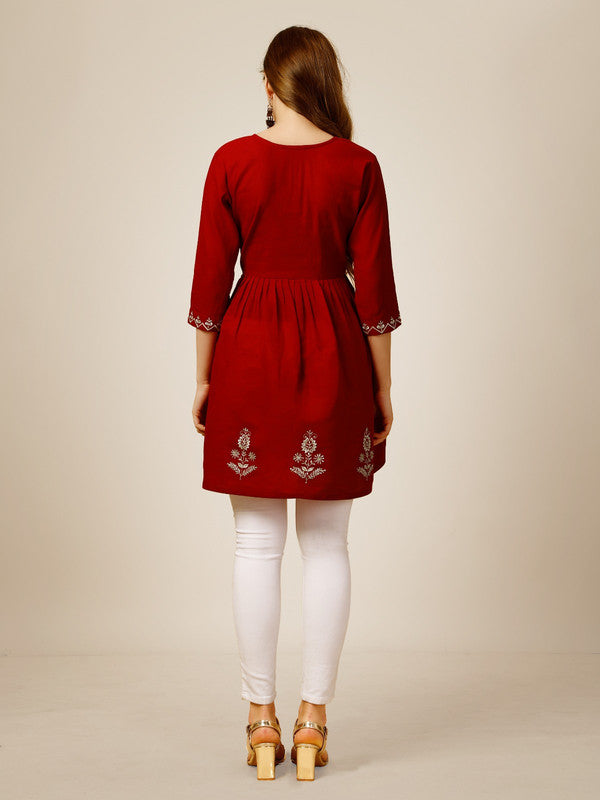 Red Coloured Premium Rayon with Embroidery & Sequence Work Round Neck 3/4 Sleeves work Women Party/Daily wear Western Top!!