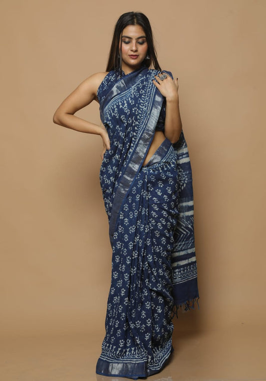 LINEN COTTON HAND BLOCK PRINT SAREE