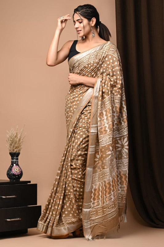 Latest Attractive Beautiful Designer Hand Block Print Linen Saree