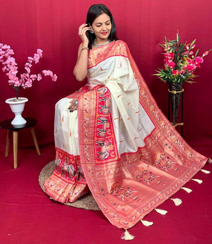 White-Red Pure Katan Silk Banarasi Paithani Handloom Saree - Tilfi