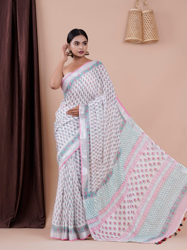 BEAUTIFUL LINEN HAND BLOCK PRINT SAREE