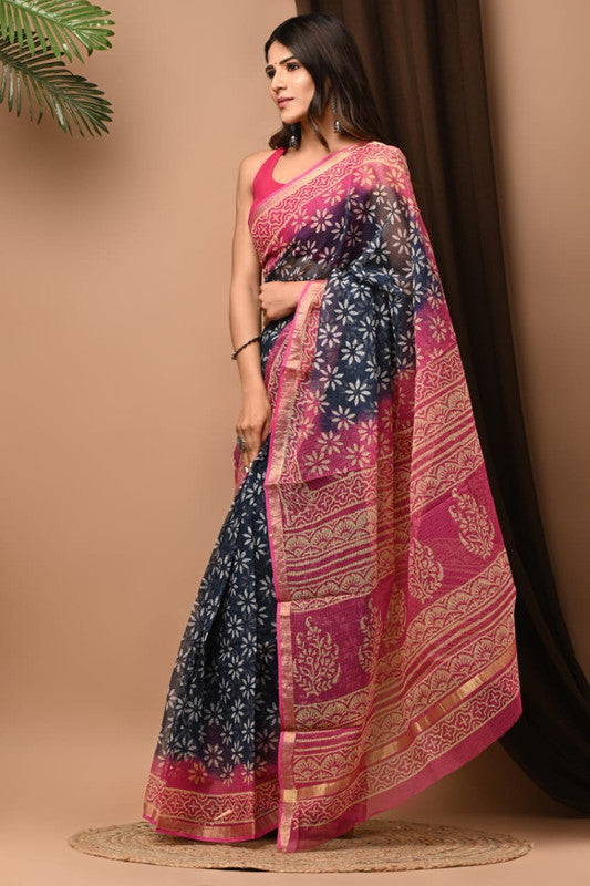 Blue & Pink Coloured Kota Doriya Cotton Beautiful Hand Block printed Women Daily/Party wear Saree with Blouse!!