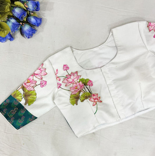 White Ready made Blouse - Pure Silk Handmade work Blouse!!