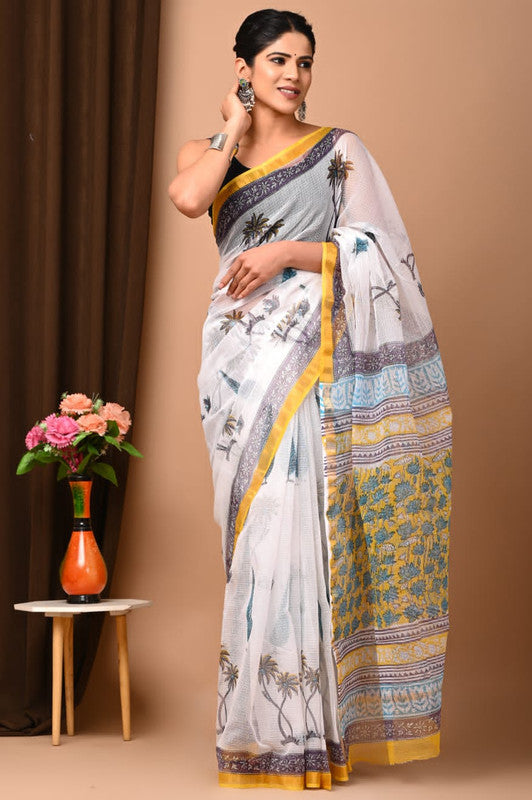 White & Yellow Coloured Beautiful Hand Block printed Women Daily/Party wear Kota Doriya Cotton Saree with Blouse!!