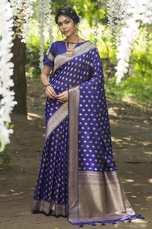 Blue Coloured Soft Banarasi Katan Silk with Pure Zari Weaves fancy tassels Women Designer Party wear Saree with Blouse!!
