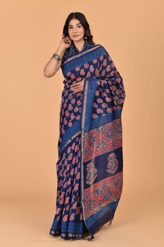 Blue & Multi Coloured Hand Block Printed Women Designer Party wear Chanderi Cotton Silk Saree with Runnin Blouse!!